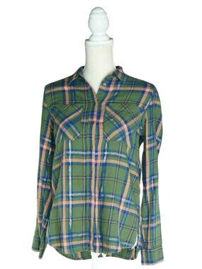 Express Green Metallic Plaid Boyfriend Fit Button Down Top